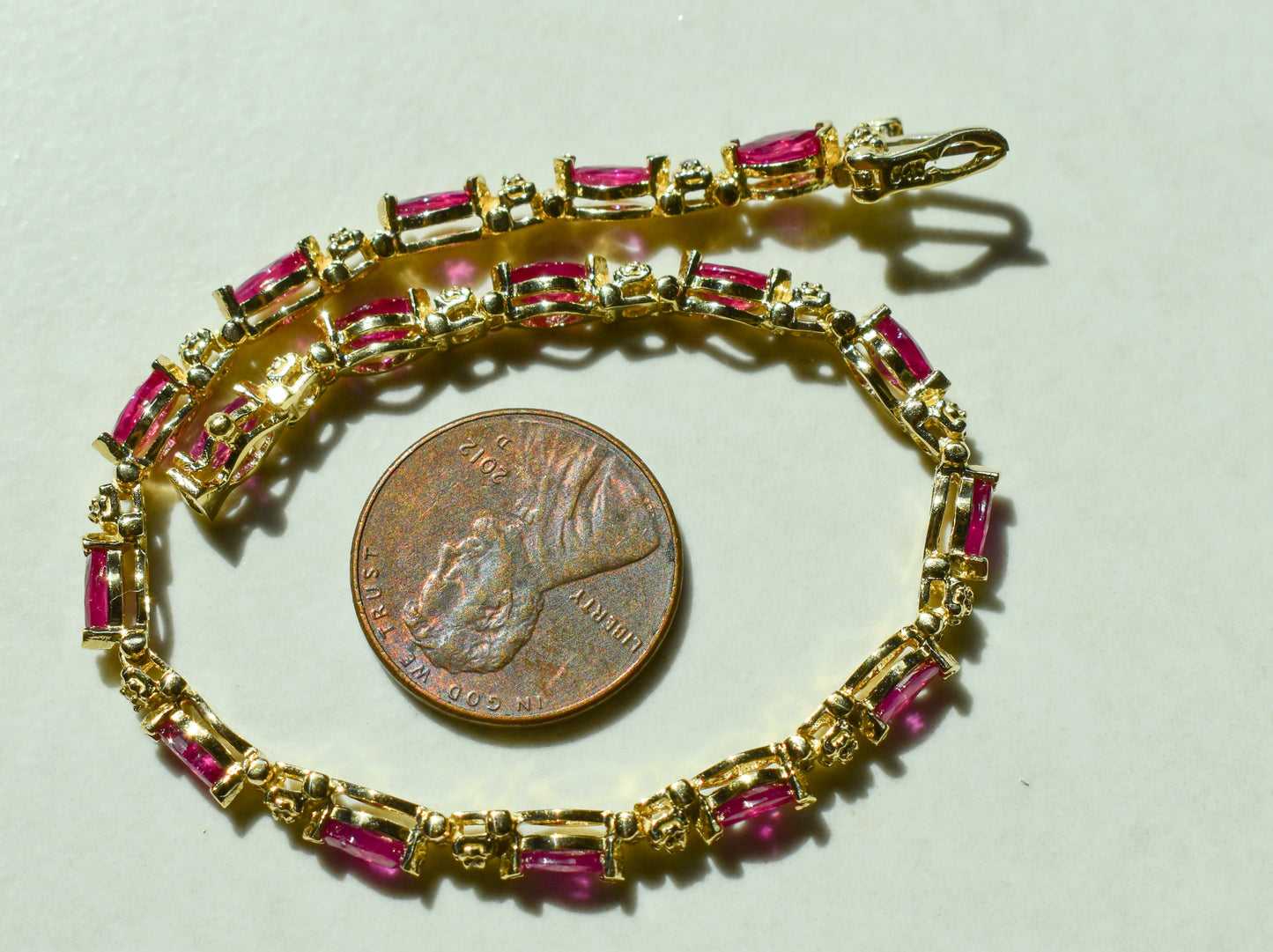 Vintage 14k Yellow Gold Marquise Ruby and Round Diamond Tennis Bracelet