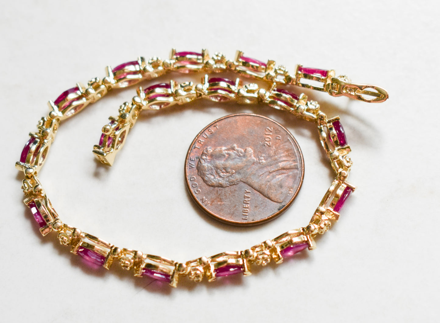 Vintage 14k Yellow Gold Marquise Ruby and Round Diamond Tennis Bracelet