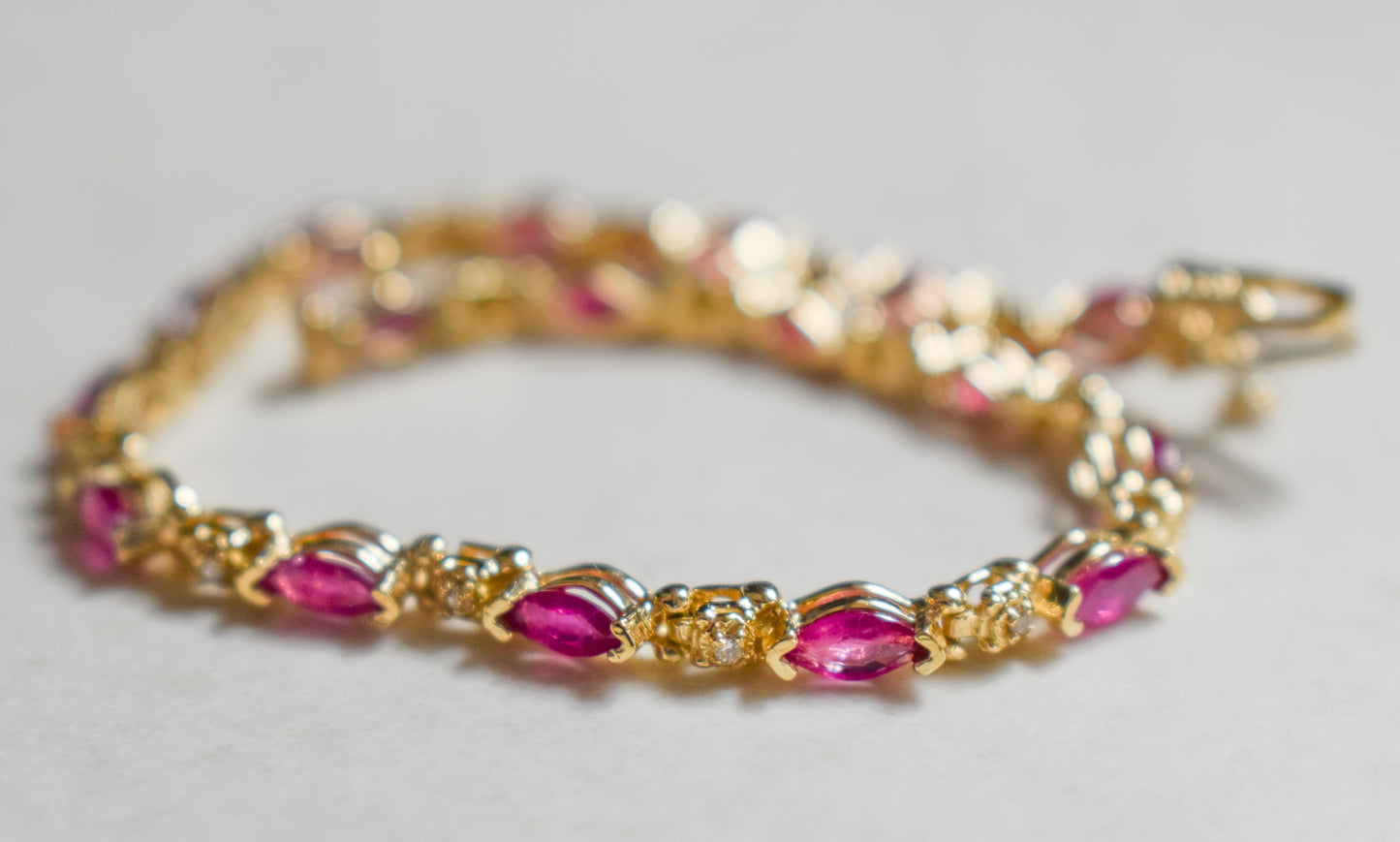Vintage 14k Yellow Gold Marquise Ruby and Round Diamond Tennis Bracelet