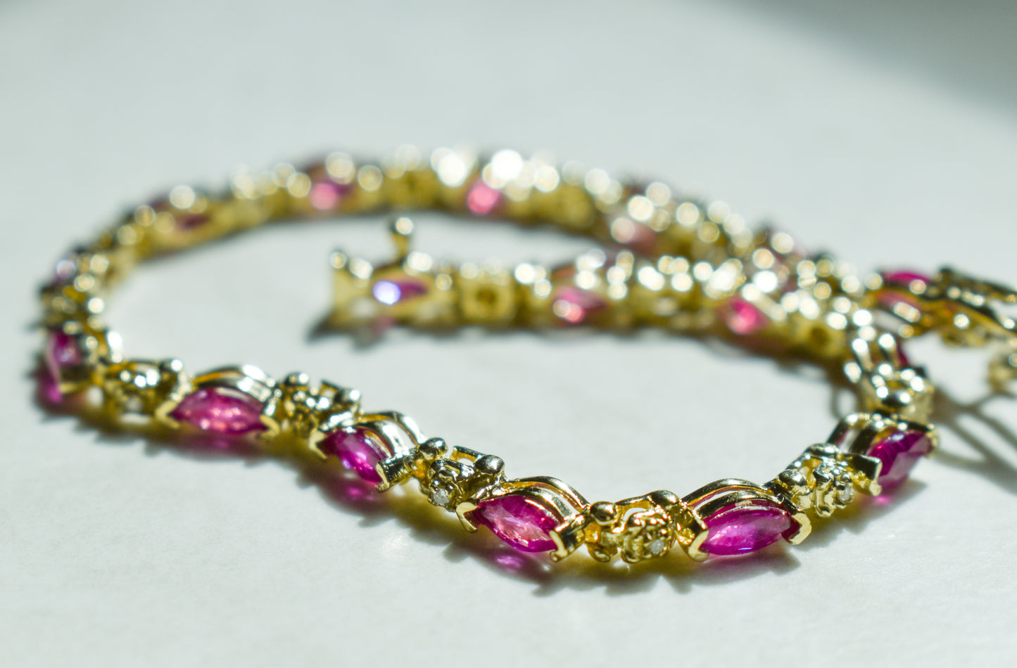 Vintage 14k Yellow Gold Marquise Ruby and Round Diamond Tennis Bracelet