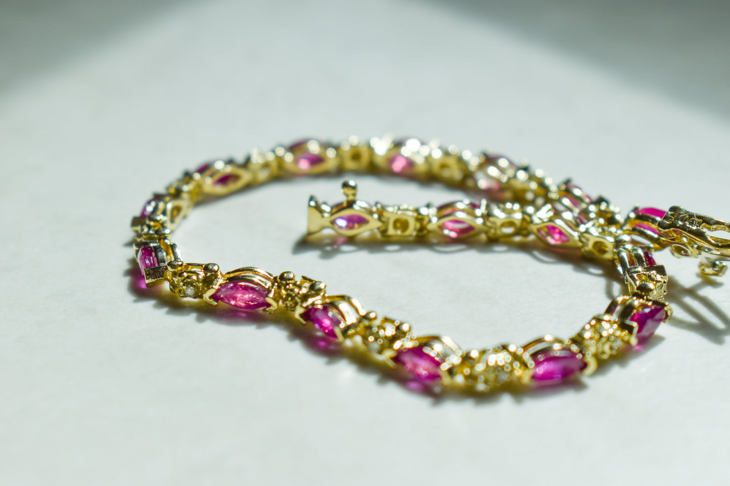 Vintage 14k Yellow Gold Marquise Ruby and Round Diamond Tennis Bracelet