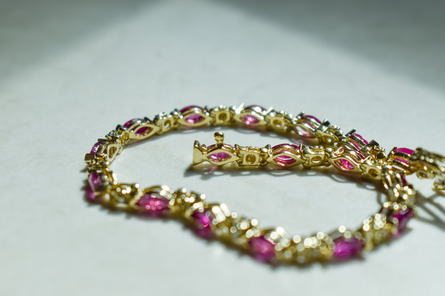 Vintage 14k Yellow Gold Marquise Ruby and Round Diamond Tennis Bracelet