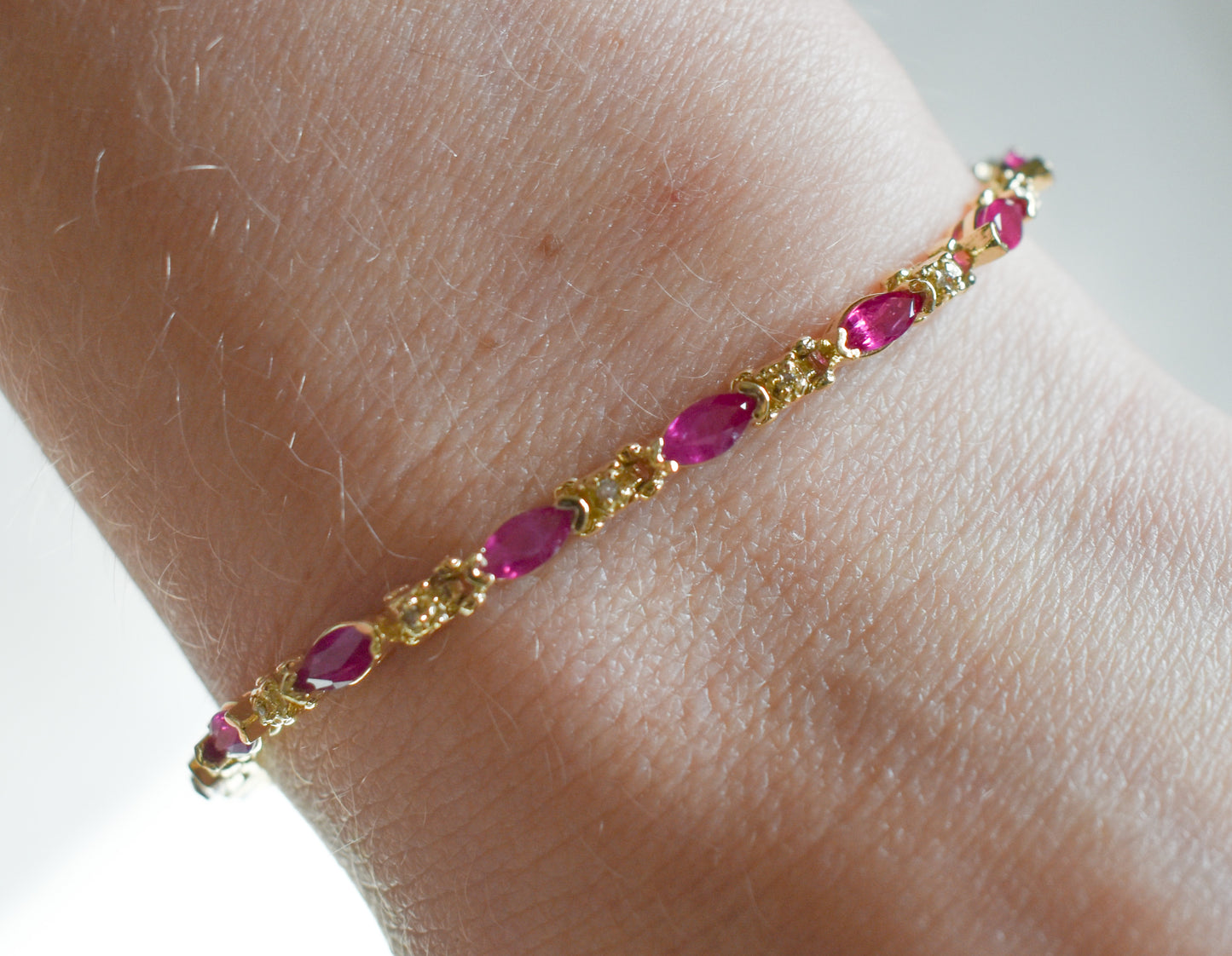 Vintage 14k Yellow Gold Marquise Ruby and Round Diamond Tennis Bracelet