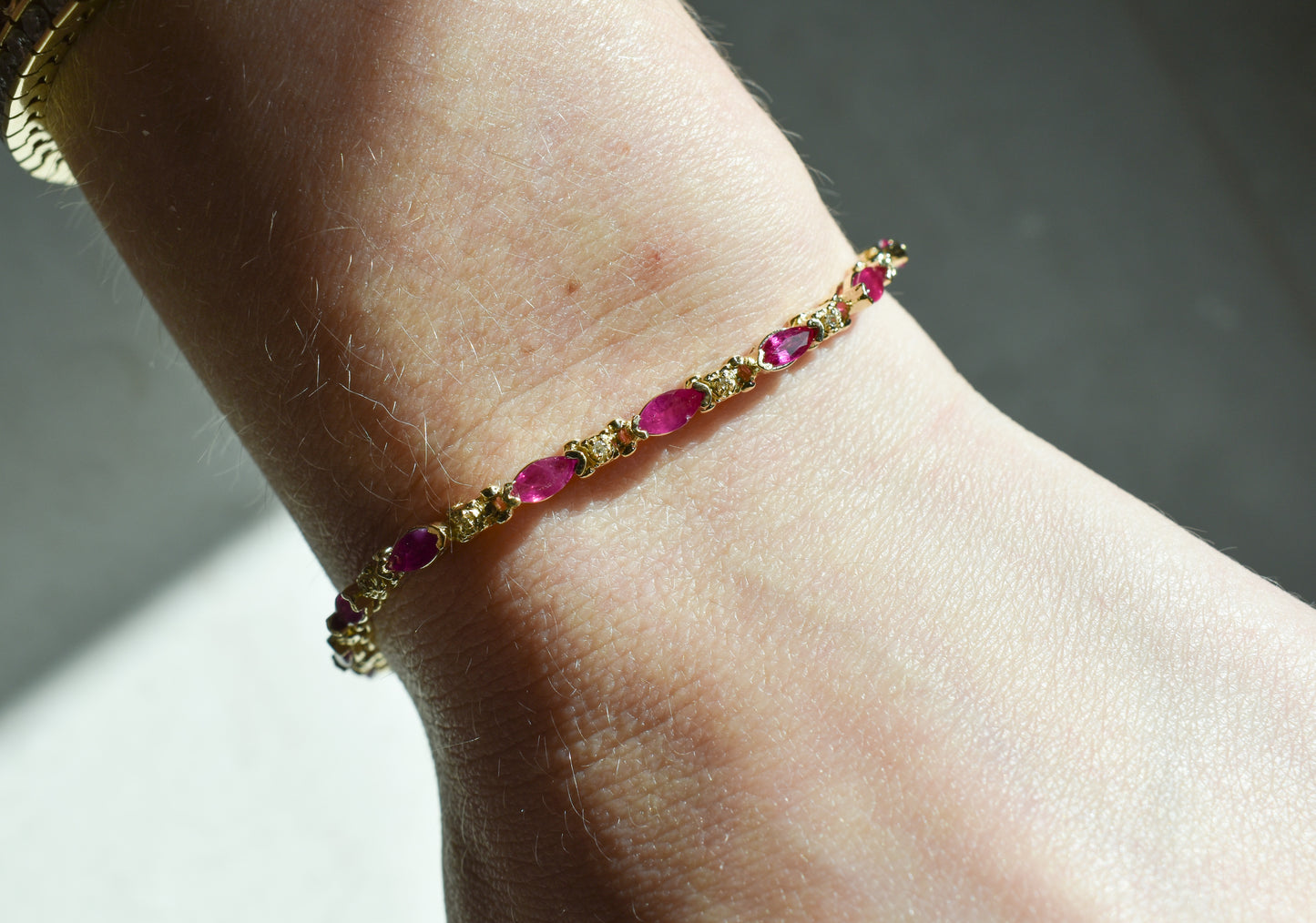 Vintage 14k Yellow Gold Marquise Ruby and Round Diamond Tennis Bracelet