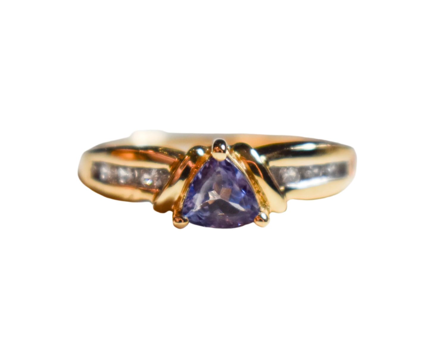 Vintage 14k Yellow Gold Trillion Tanzanite and Diamond Ring Size 6
