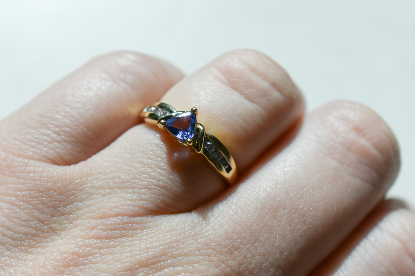 Vintage 14k Yellow Gold Trillion Tanzanite and Diamond Ring Size 6