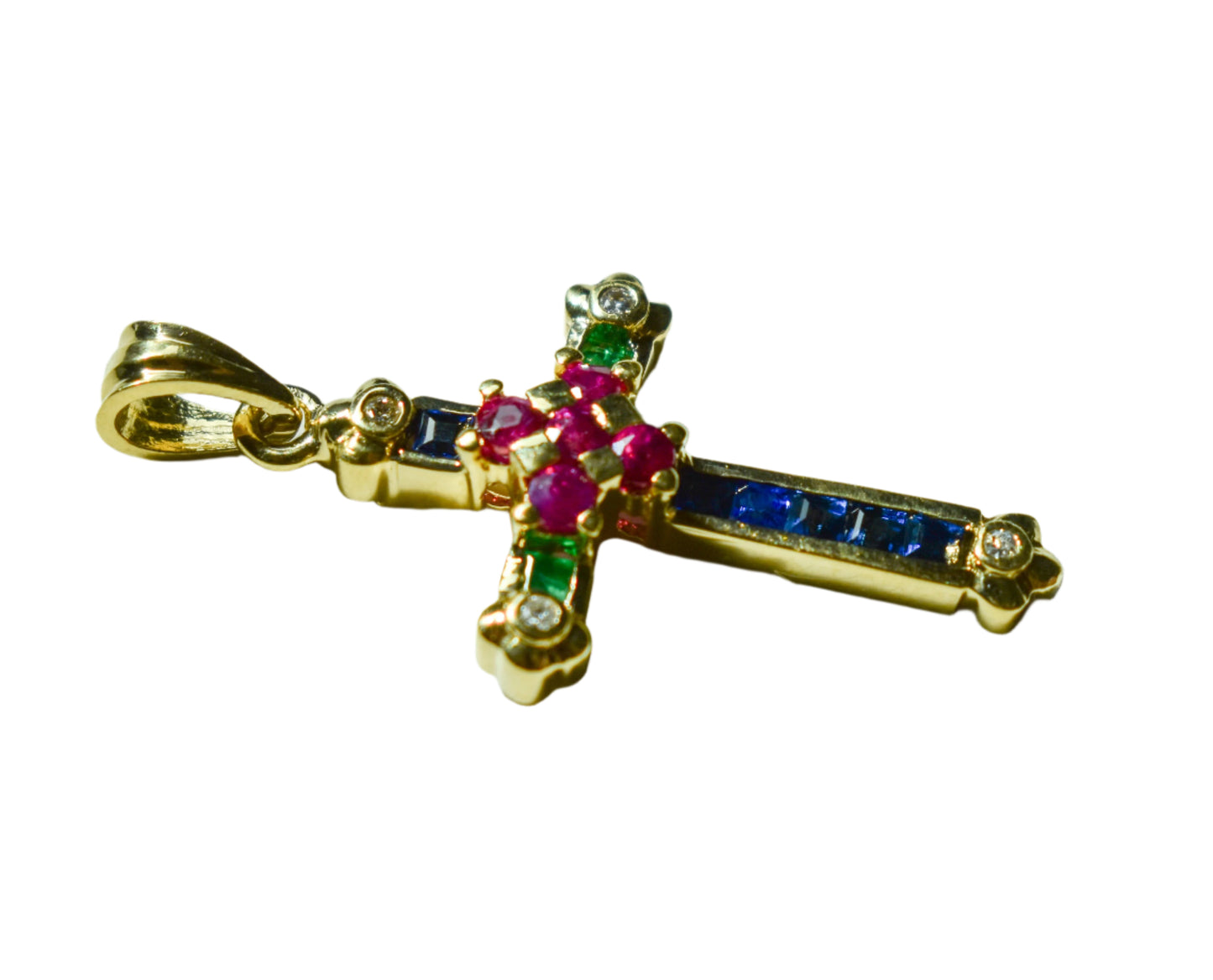 Vintage 18k Yellow Gold Ruby Sapphire Emerald and Diamond Cross Pendant