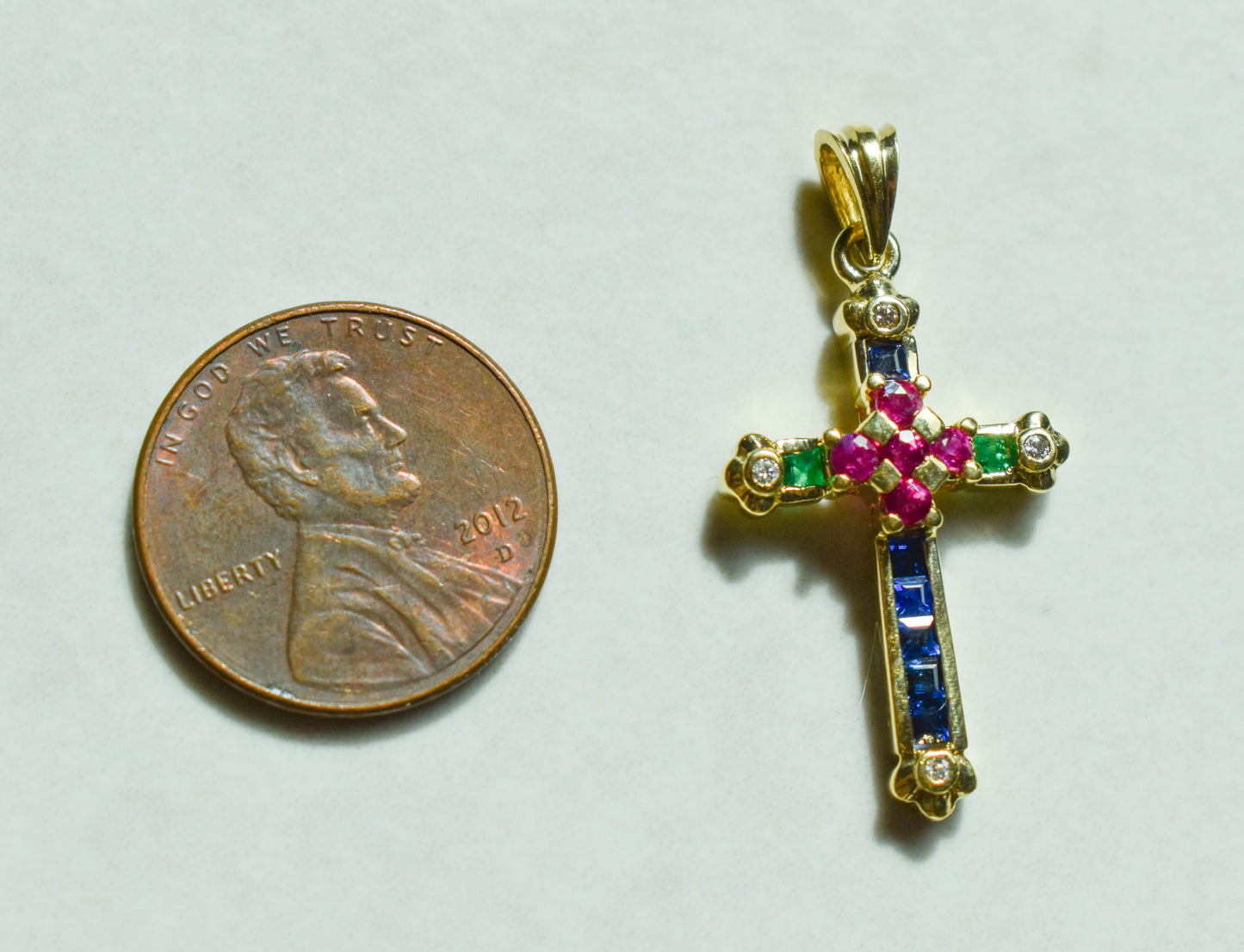 Vintage 18k Yellow Gold Ruby Sapphire Emerald and Diamond Cross Pendant