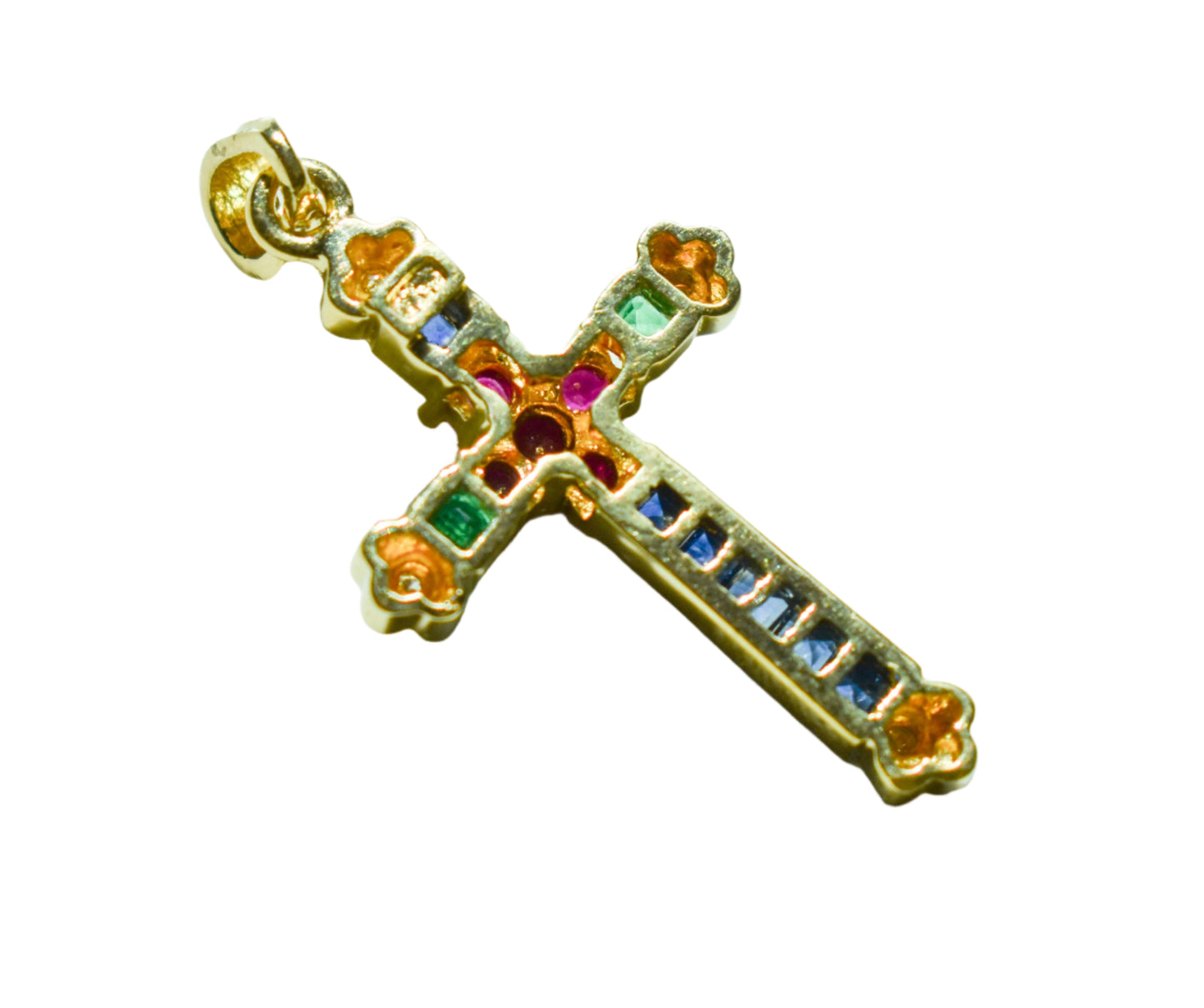 Vintage 18k Yellow Gold Ruby Sapphire Emerald and Diamond Cross Pendant