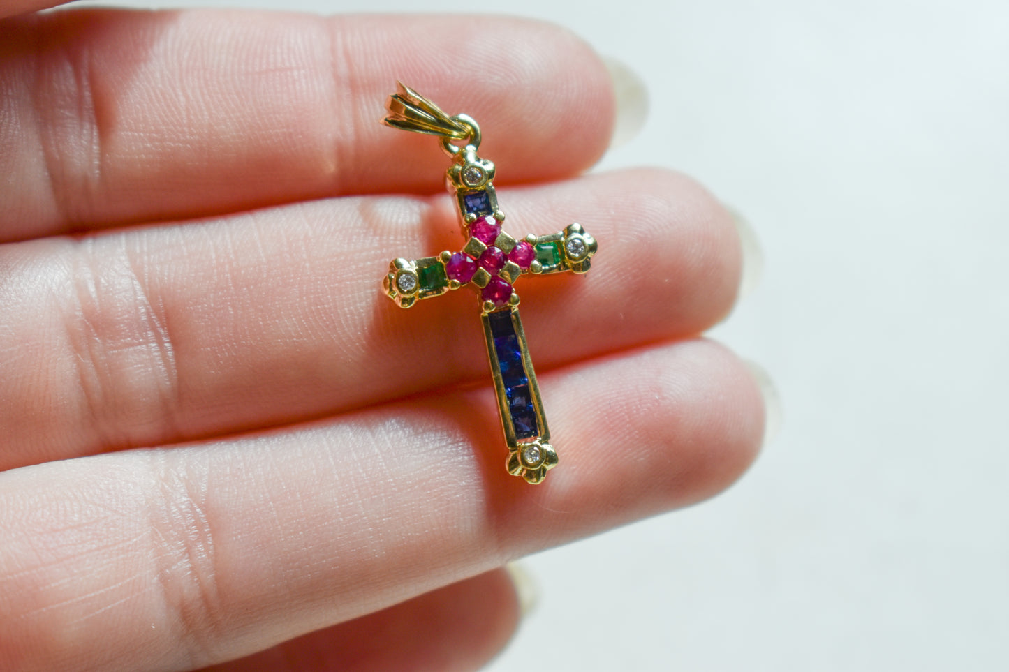 Vintage 18k Yellow Gold Ruby Sapphire Emerald and Diamond Cross Pendant