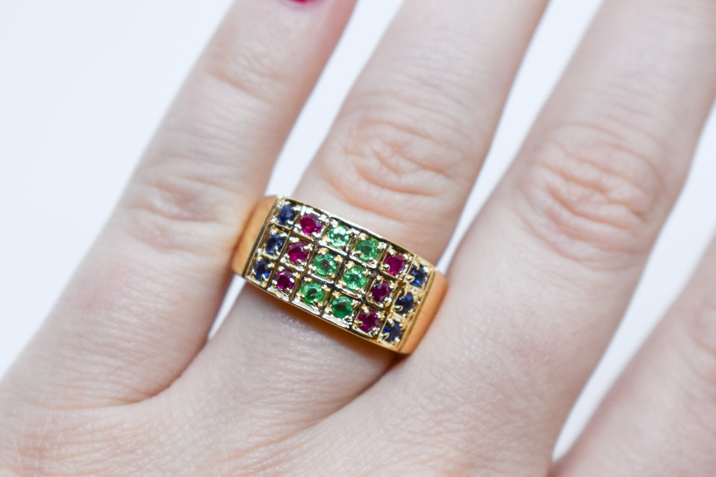 Vintage 14k Yellow Gold Emerald Sapphire and Ruby Ring Size 7 1/4