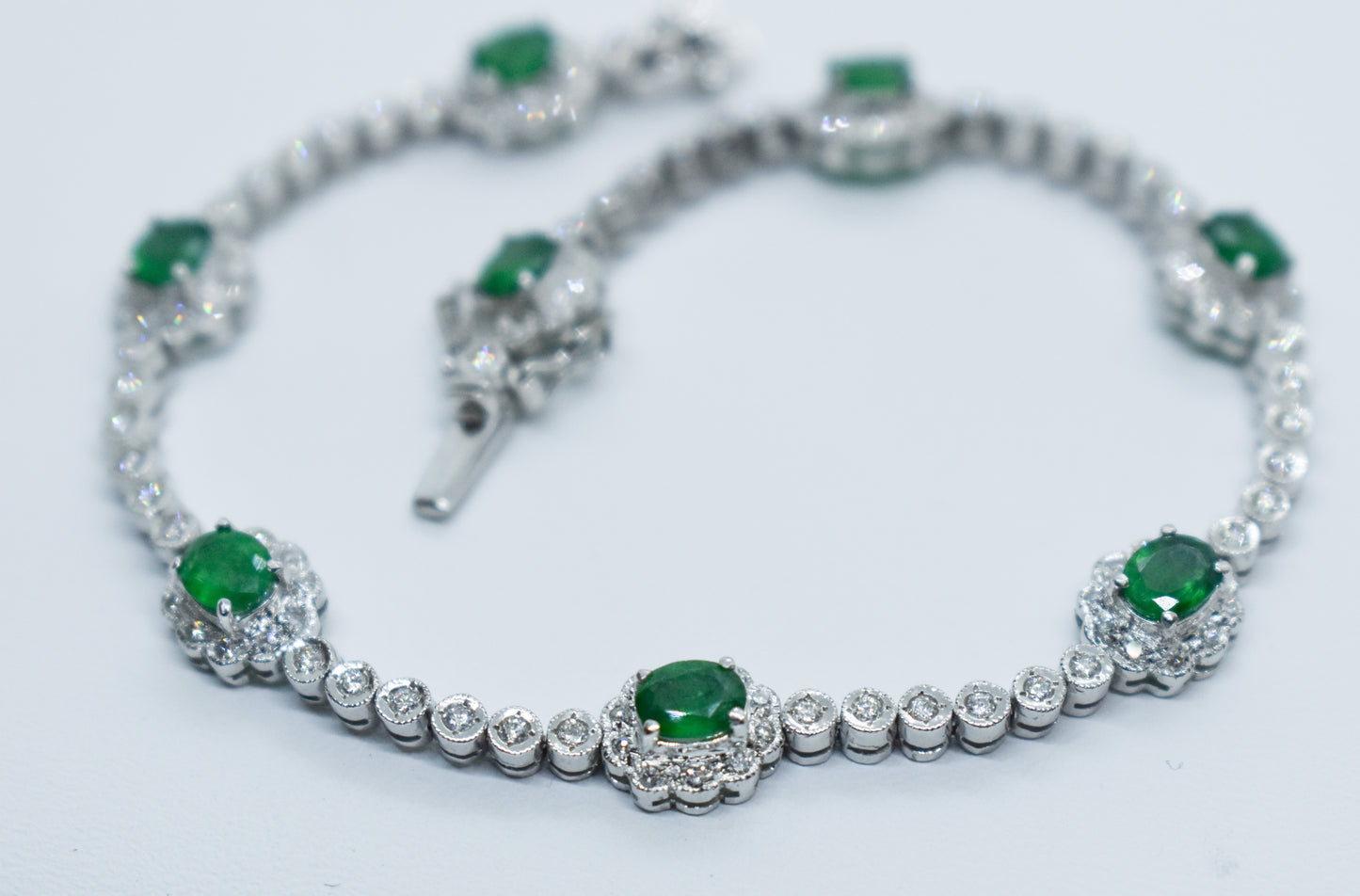 Vintage 14k White Gold Emerald and Diamond Tennis Bracelet Size 7 1/2"