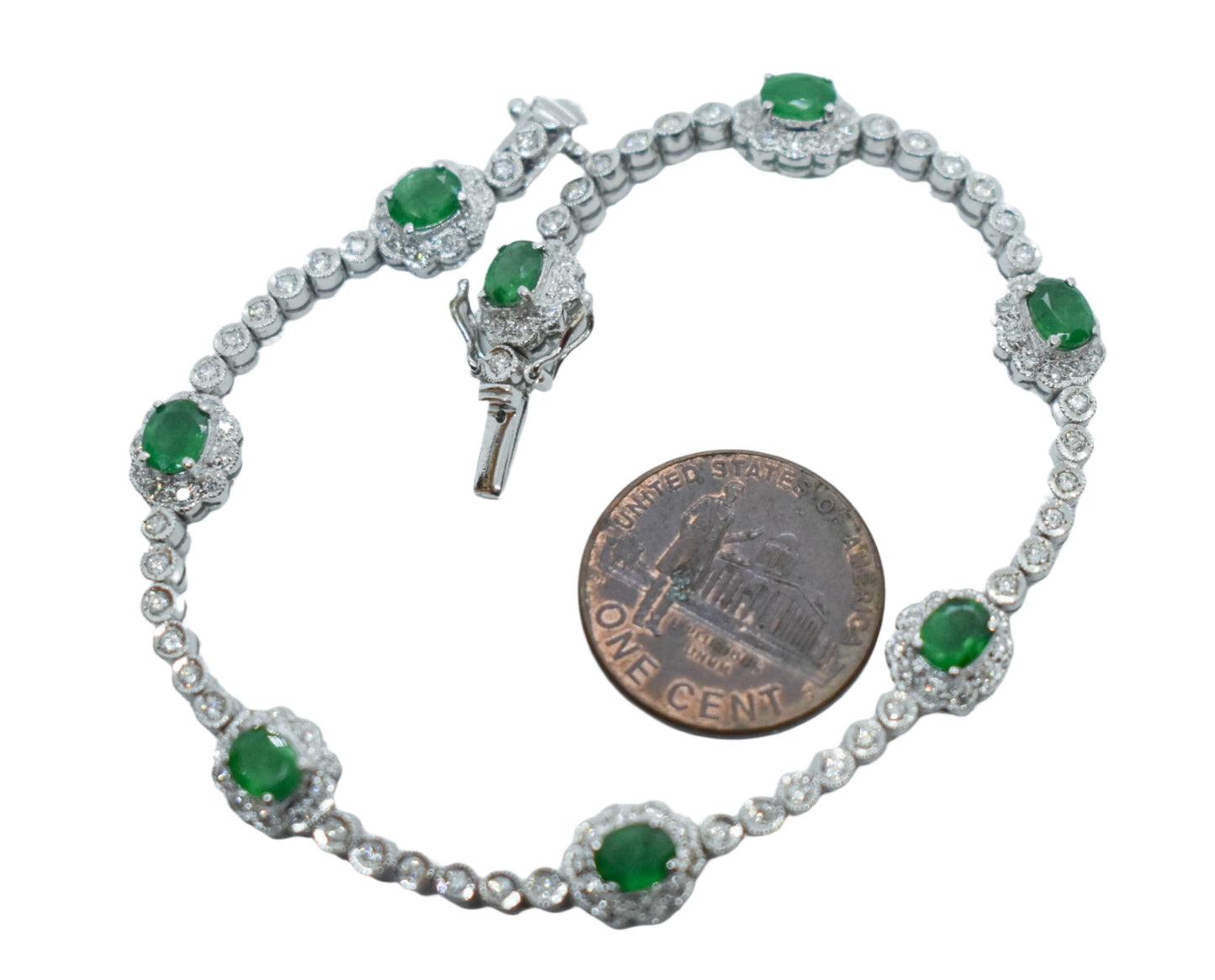 Vintage 14k White Gold Emerald and Diamond Tennis Bracelet Size 7 1/2"