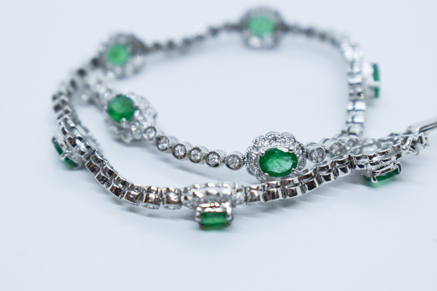 Vintage 14k White Gold Emerald and Diamond Tennis Bracelet Size 7 1/2"