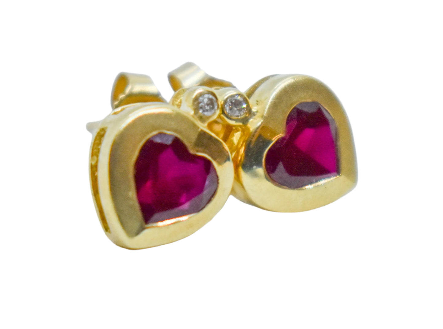 Vintage 14K Yellow Gold Heart Shaped Synthetic Ruby and Diamond Stud Earrings