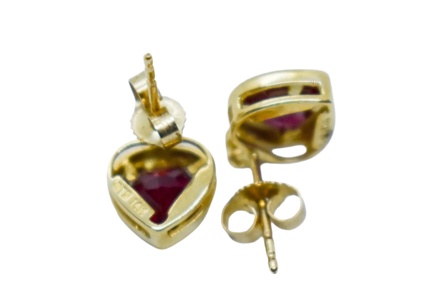 Vintage 14K Yellow Gold Heart Shaped Synthetic Ruby and Diamond Stud Earrings