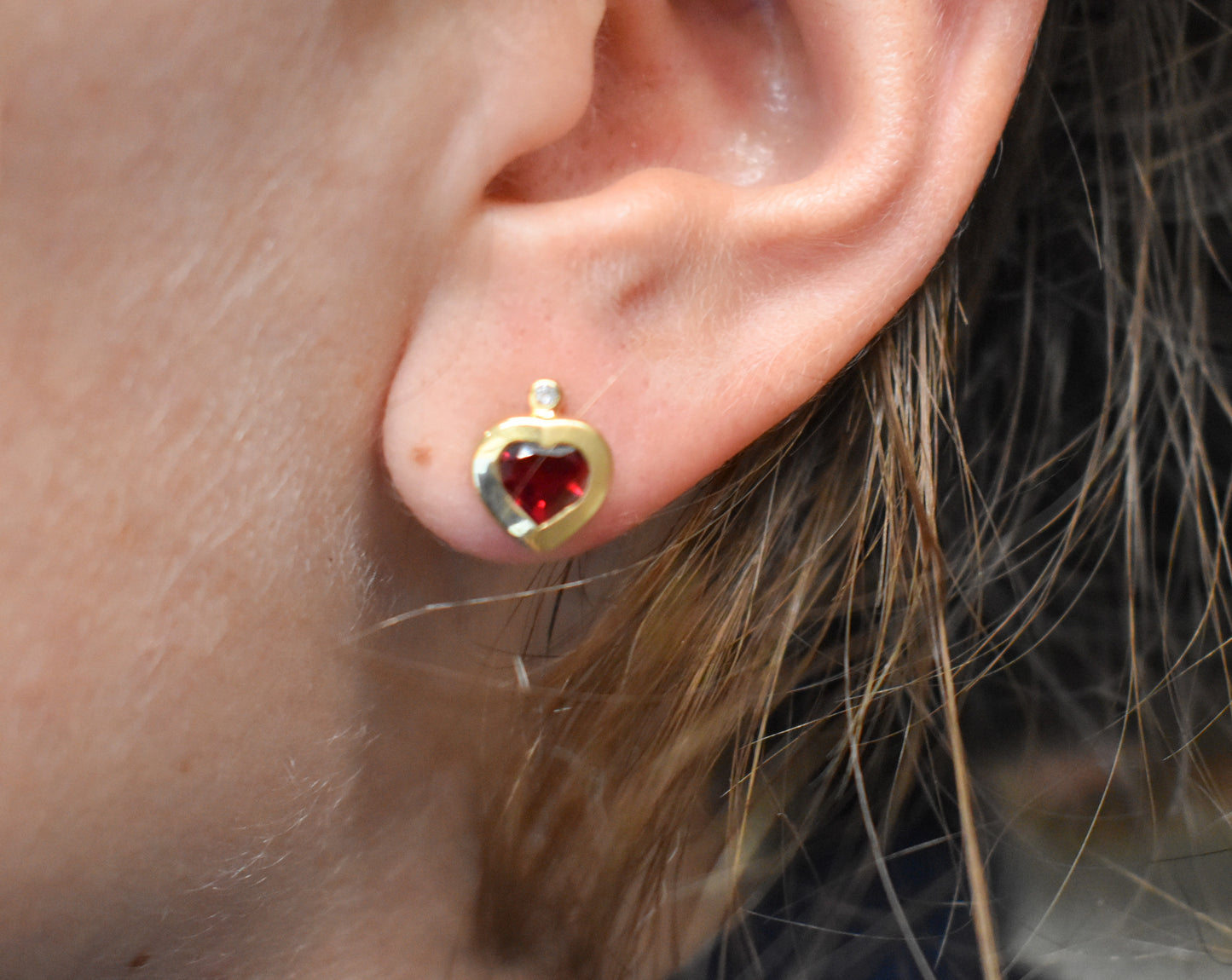 Vintage 14K Yellow Gold Heart Shaped Synthetic Ruby and Diamond Stud Earrings