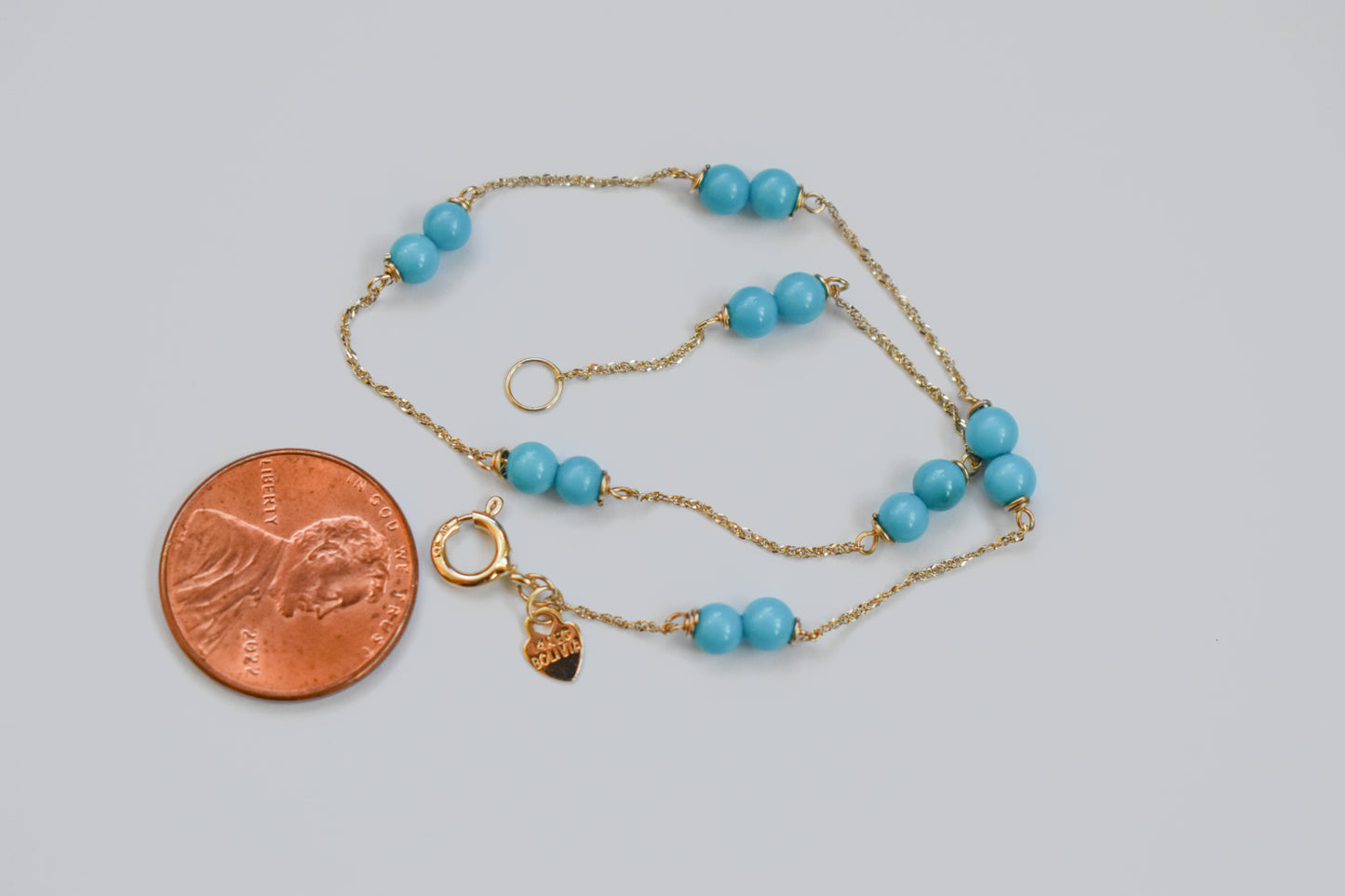 Vintage 14k Yellow Gold Turquoise Bead Anklet 9"