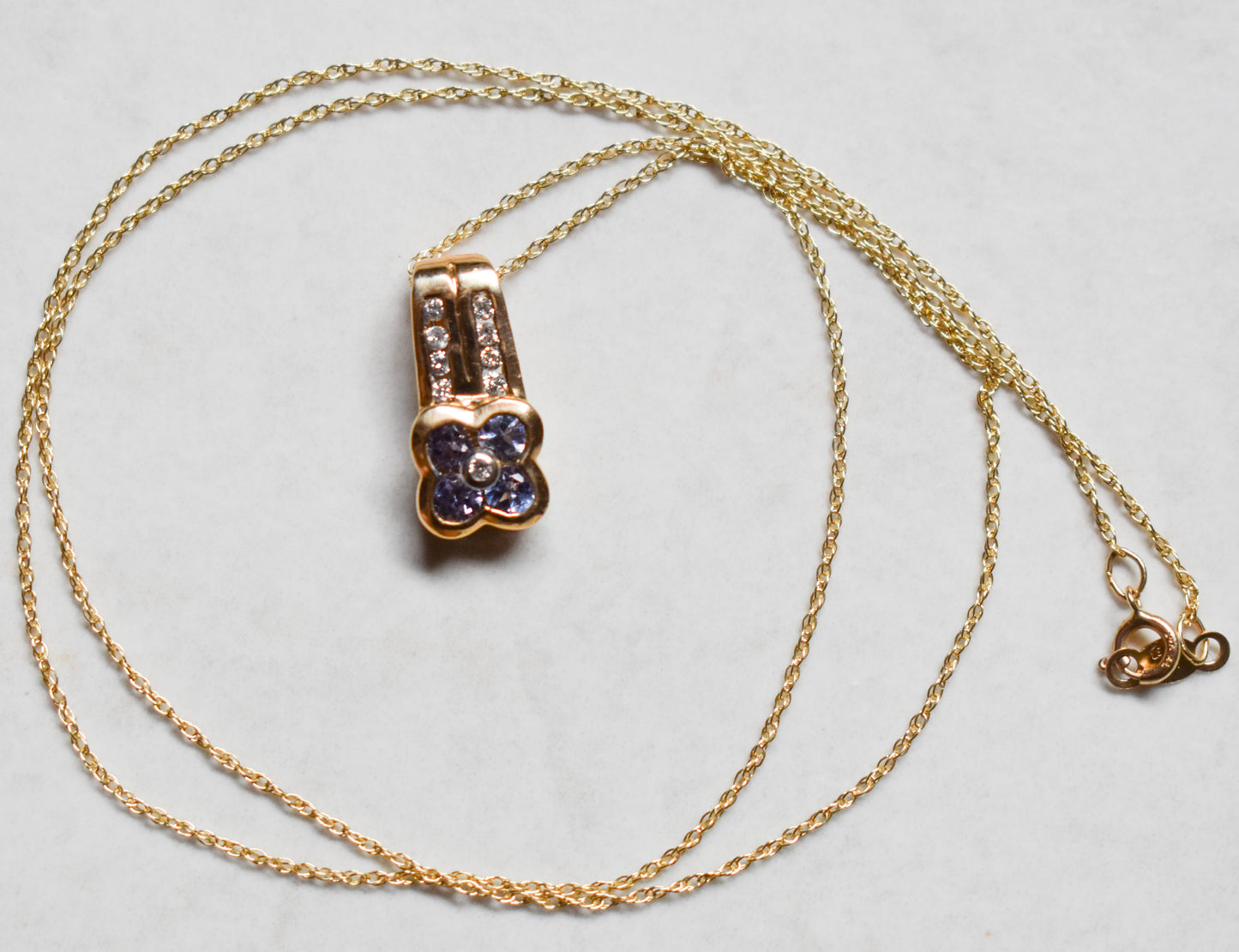 Vintage 14K Yellow Gold Tanzanite and Diamond Pendant on 18" Chain