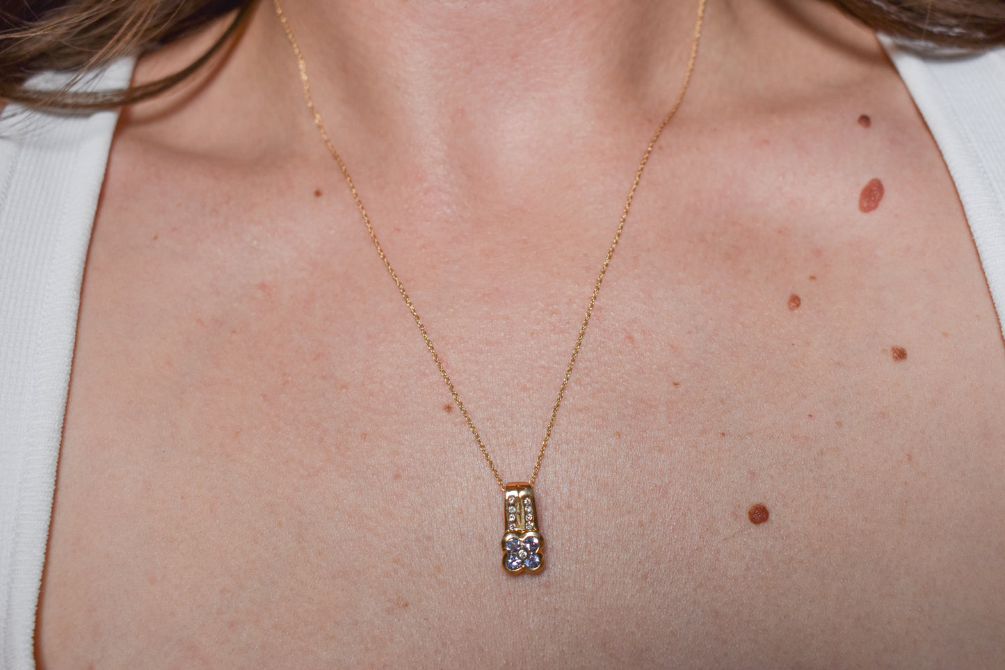 Vintage 14K Yellow Gold Tanzanite and Diamond Pendant on 18" Chain