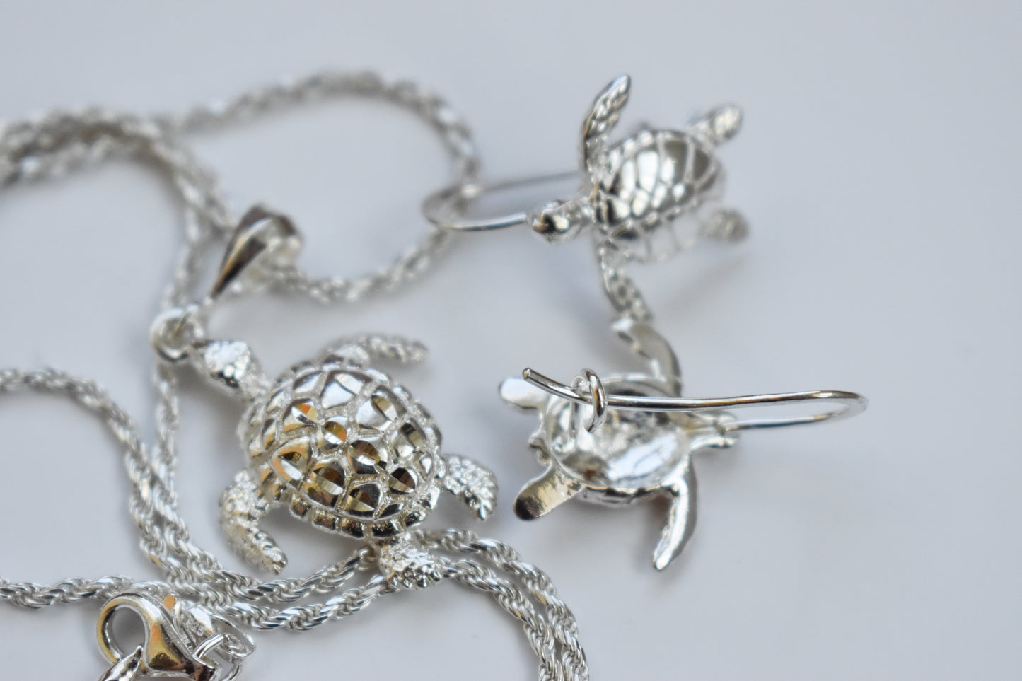 Vintage Sterling Silver Turtle Necklace and Earrings Set