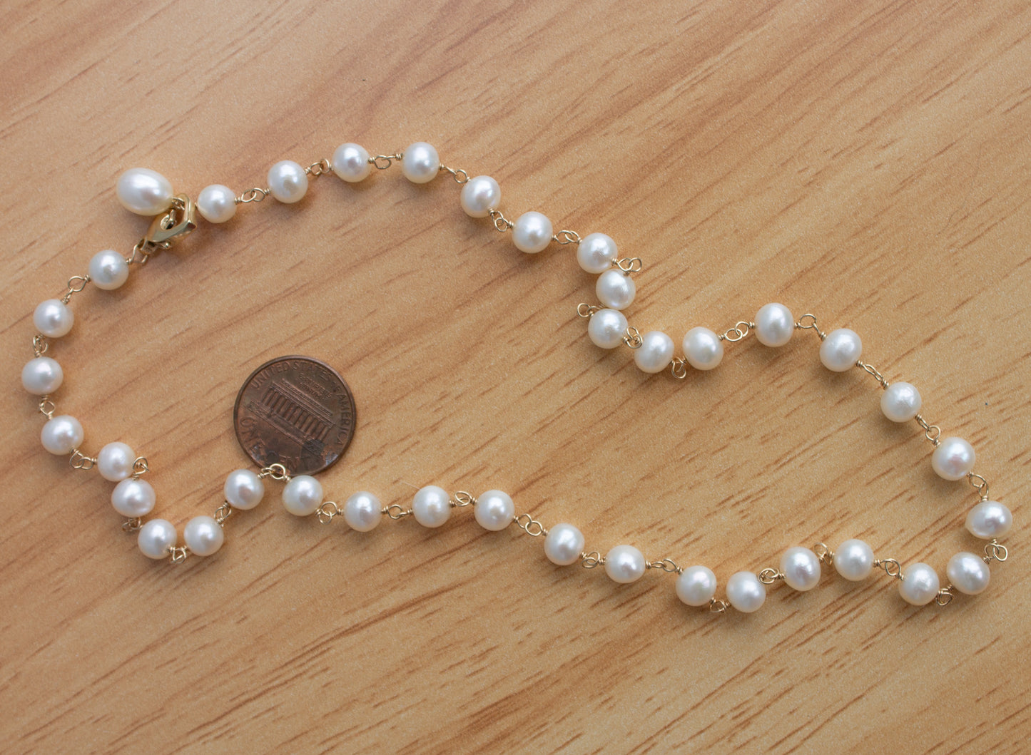 Vintage 14k Yellow Gold White Pearl and Gold Wire Necklace Heart Clasp 17"