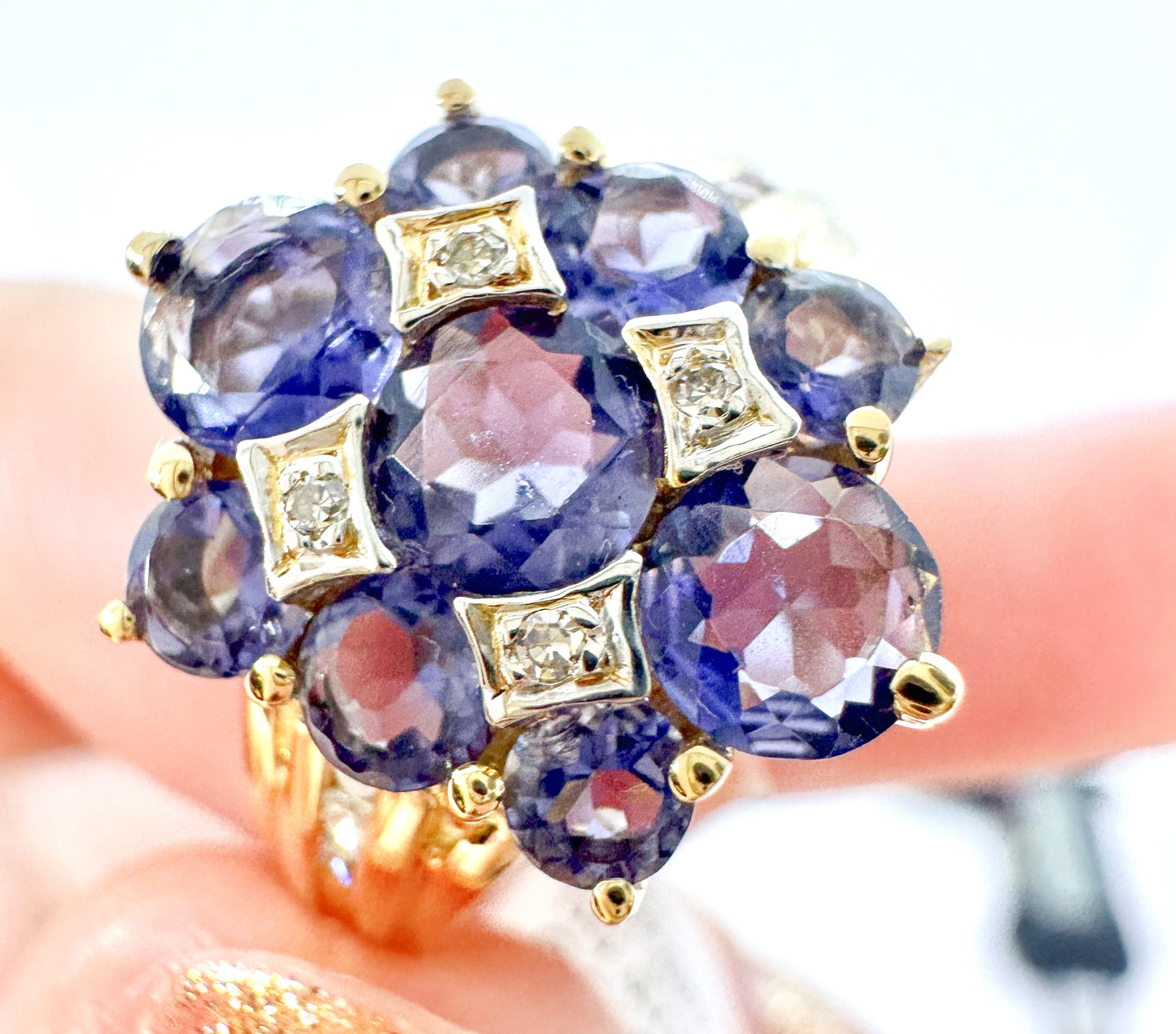 Vintage 14k Yellow Gold Iolite and Diamond Ring Size 7