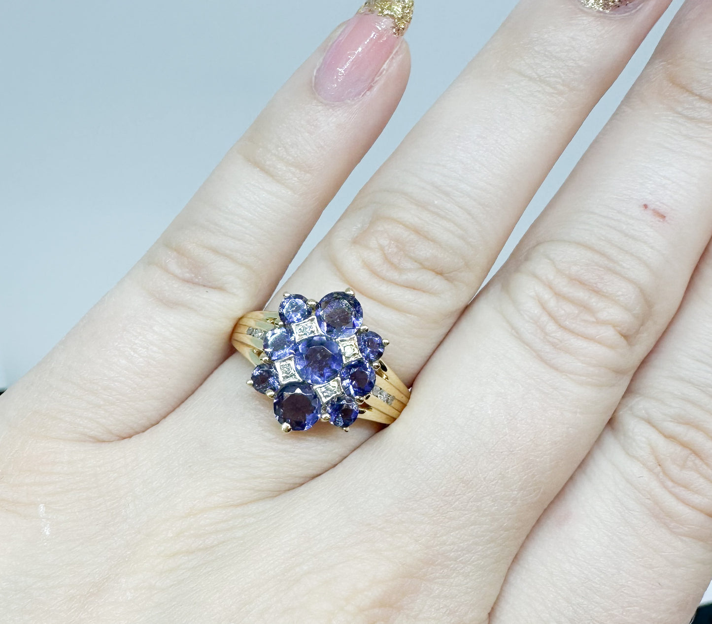 Vintage 14k Yellow Gold Iolite and Diamond Ring Size 7