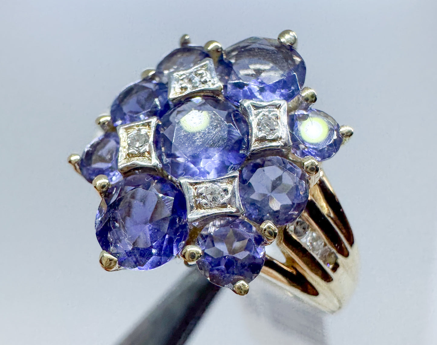 Vintage 14k Yellow Gold Iolite and Diamond Ring Size 7