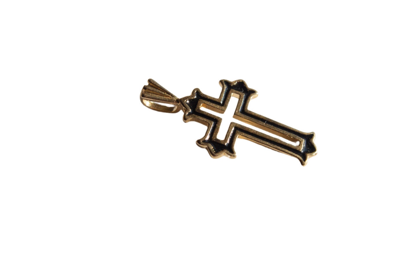Vintage 14k yellow Gold Black Enamel Inlay Michael Anthony Cross Pendant
