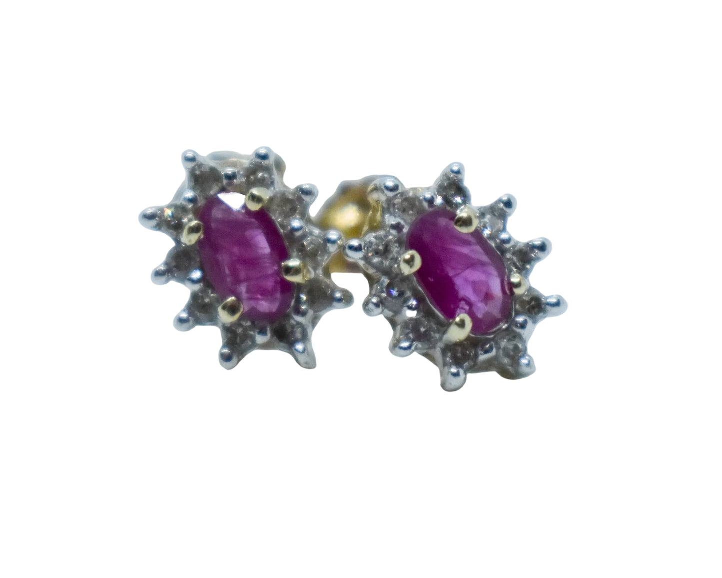 Vintage 14k Yellow Gold Ruby & Diamond Halo Earrings