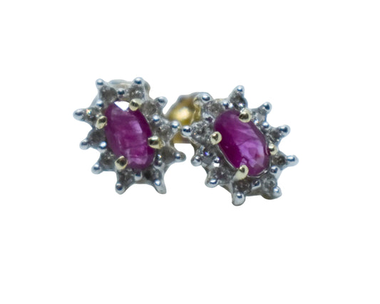 Vintage 14k Yellow Gold Ruby & Diamond Halo Earrings