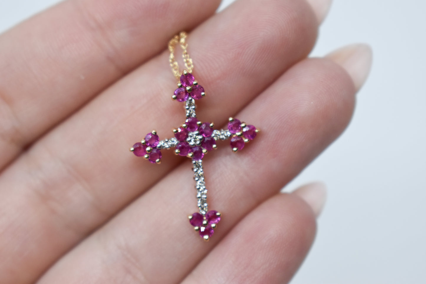 Vintage 14k Yellow Gold Ruby & Diamond Cross Necklace 18"