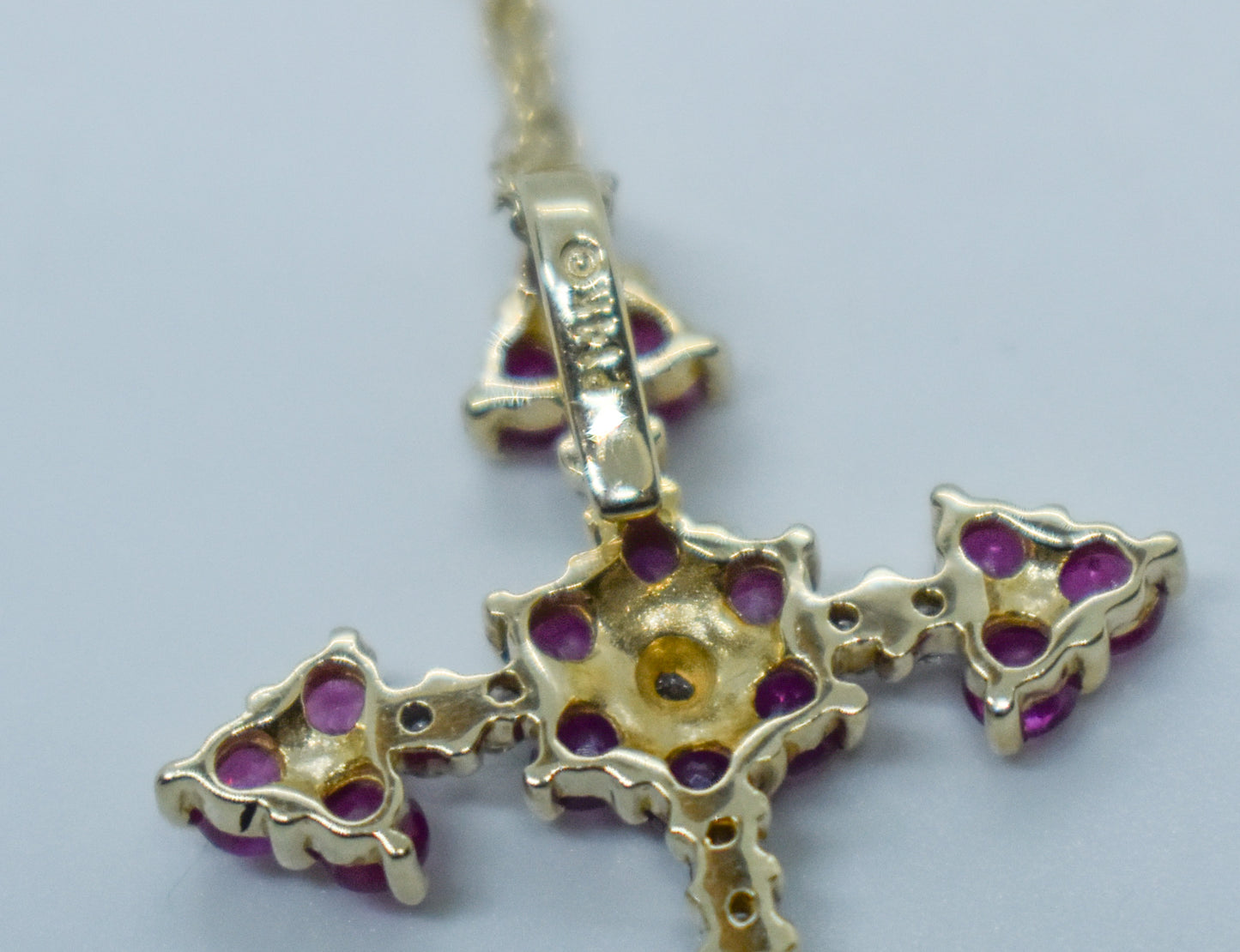 Vintage 14k Yellow Gold Ruby & Diamond Cross Necklace 18"