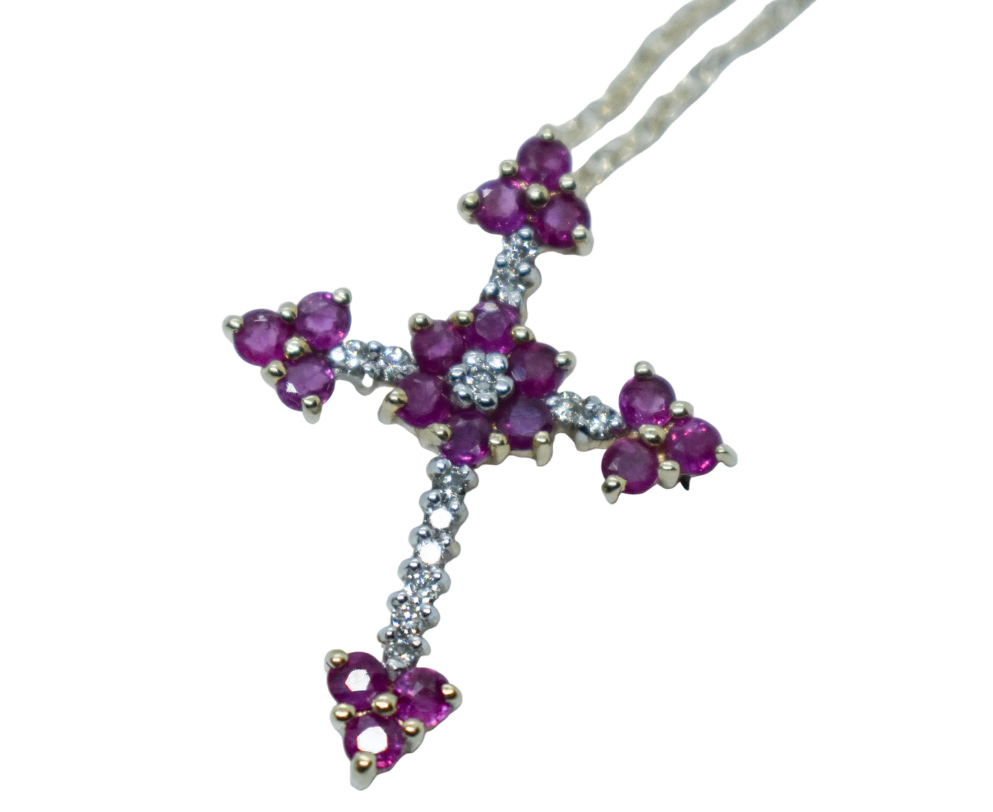 Vintage 14k Yellow Gold Ruby & Diamond Cross Necklace 18"