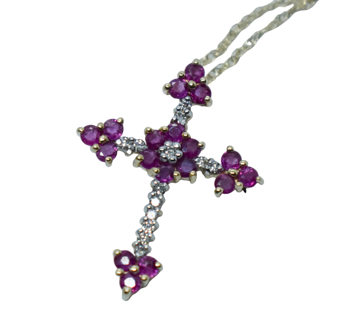 Vintage 14k Yellow Gold Ruby & Diamond Cross Necklace 18"