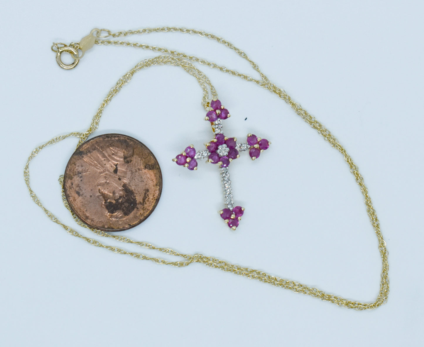 Vintage 14k Yellow Gold Ruby & Diamond Cross Necklace 18"