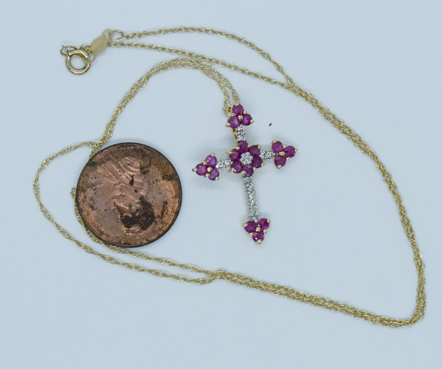 Vintage 14k Yellow Gold Ruby & Diamond Cross Necklace 18"