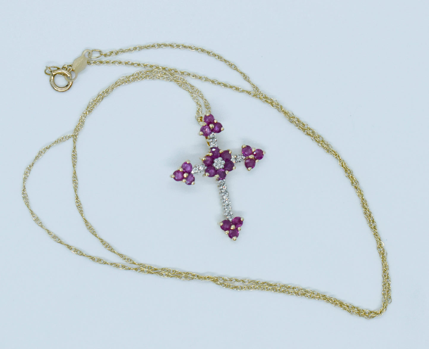 Vintage 14k Yellow Gold Ruby & Diamond Cross Necklace 18"