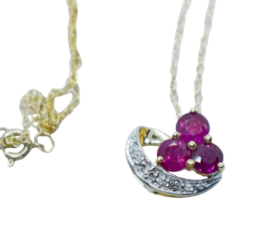 Vintage 14k Yellow Gold Ruby & Diamond Cluster Necklace 18"