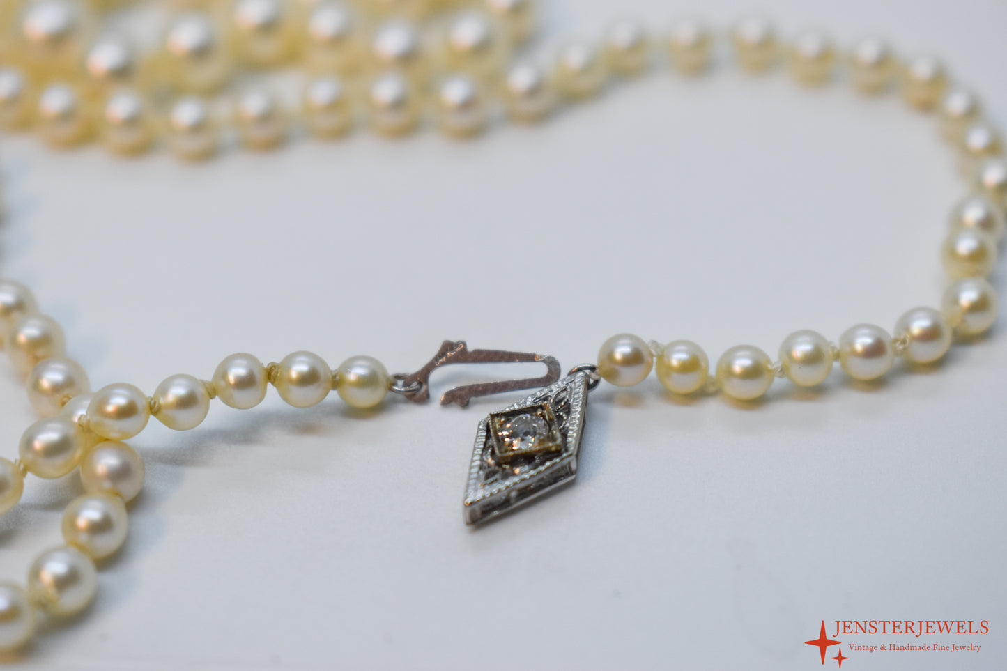 Antique Vintage 14k White Gold Graduated Cultured Pearl Necklace – Art Deco Diamond Clasp