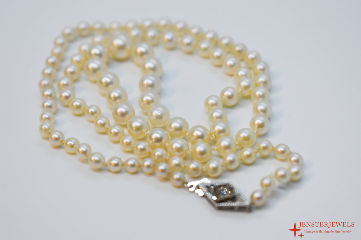 Antique Vintage 14k White Gold Graduated Cultured Pearl Necklace – Art Deco Diamond Clasp