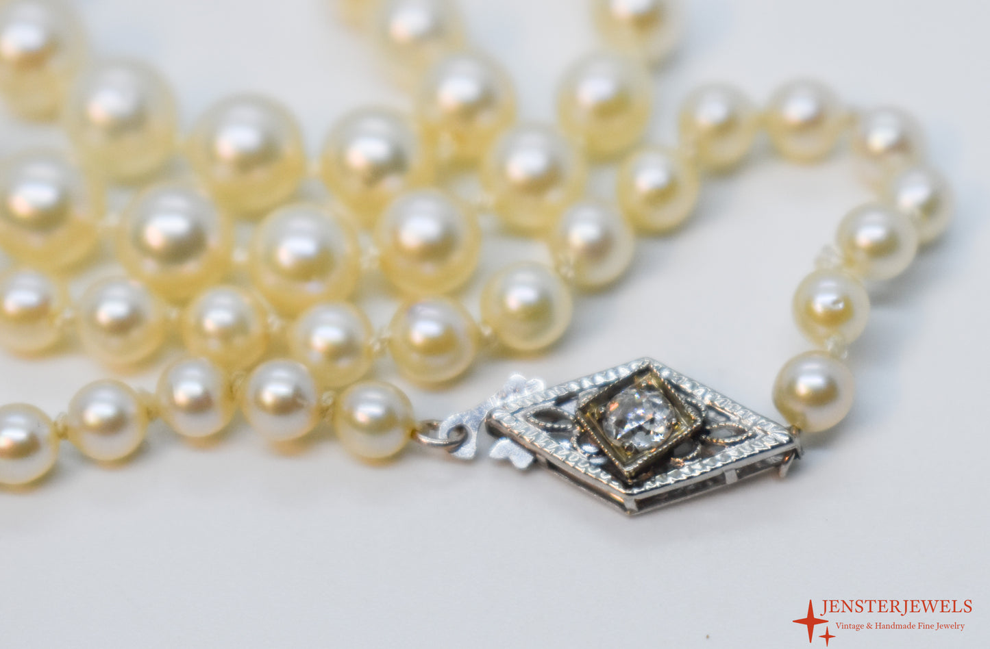 Antique Vintage 14k White Gold Graduated Cultured Pearl Necklace – Art Deco Diamond Clasp