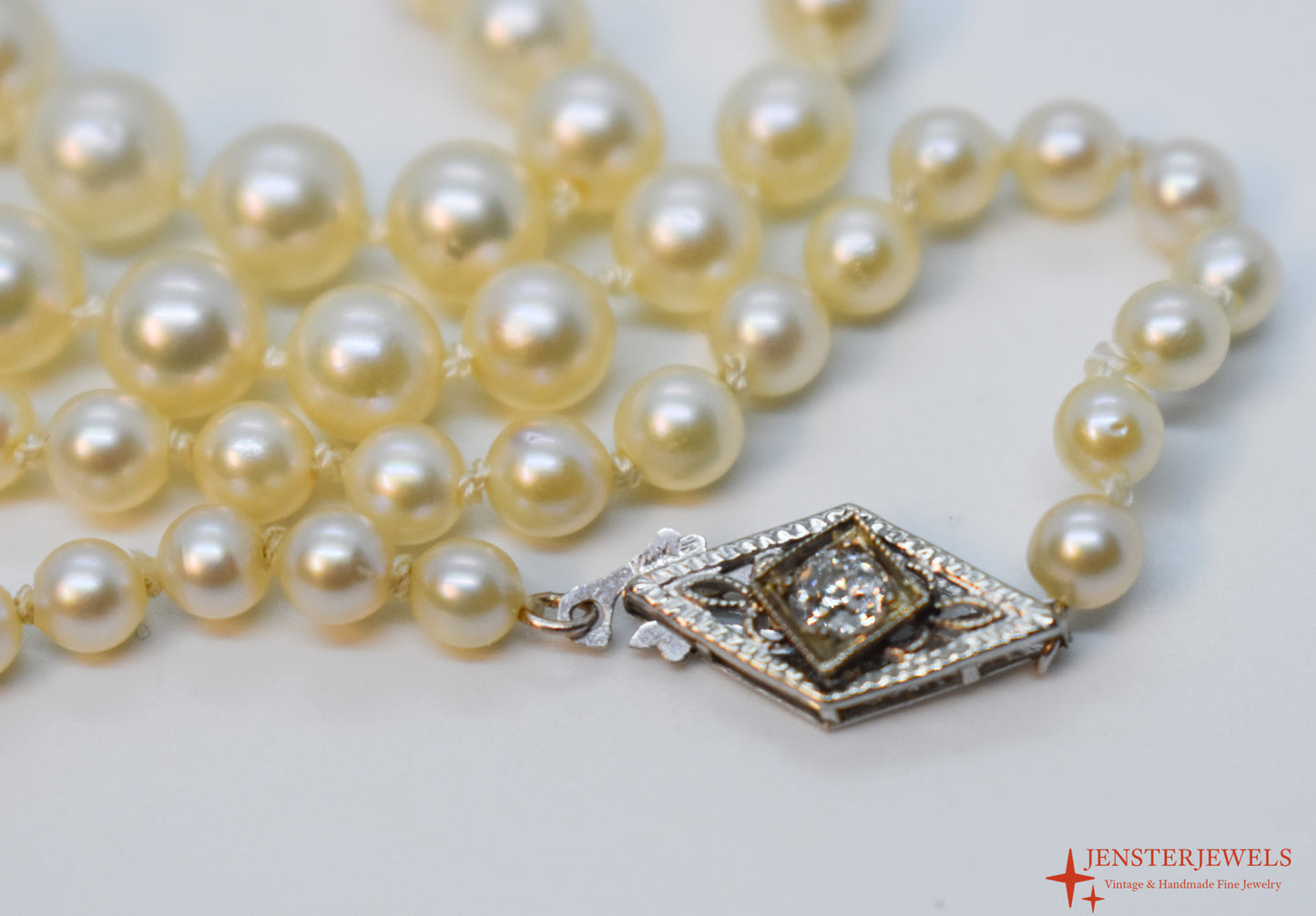 Antique Vintage 14k White Gold Graduated Cultured Pearl Necklace – Art Deco Diamond Clasp