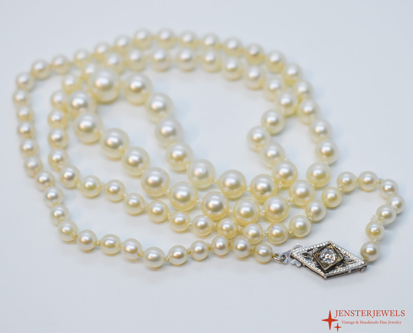 Antique Vintage 14k White Gold Graduated Cultured Pearl Necklace – Art Deco Diamond Clasp
