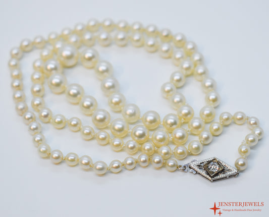 Antique Vintage 14k White Gold Graduated Cultured Pearl Necklace – Art Deco Diamond Clasp