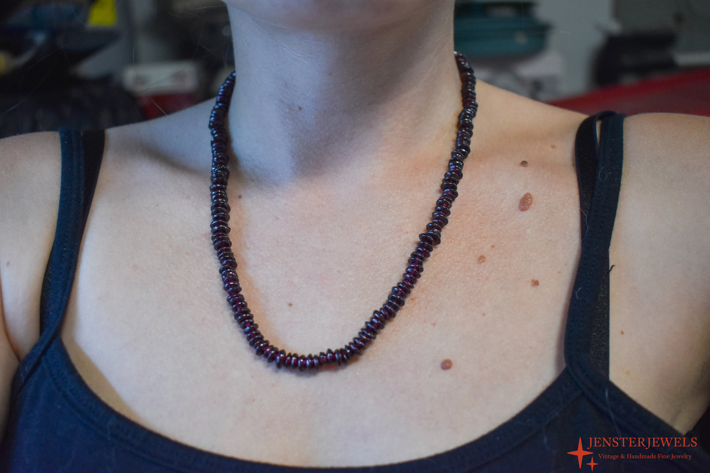 Vintage 14k Yellow Gold Garnet Beaded Necklace & Bracelet Set