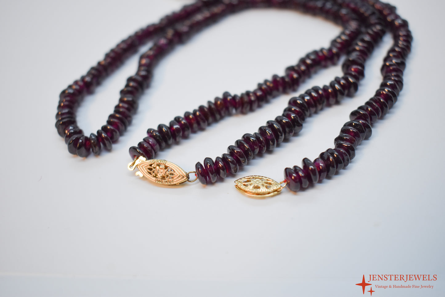 Vintage 14k Yellow Gold Garnet Beaded Necklace & Bracelet Set