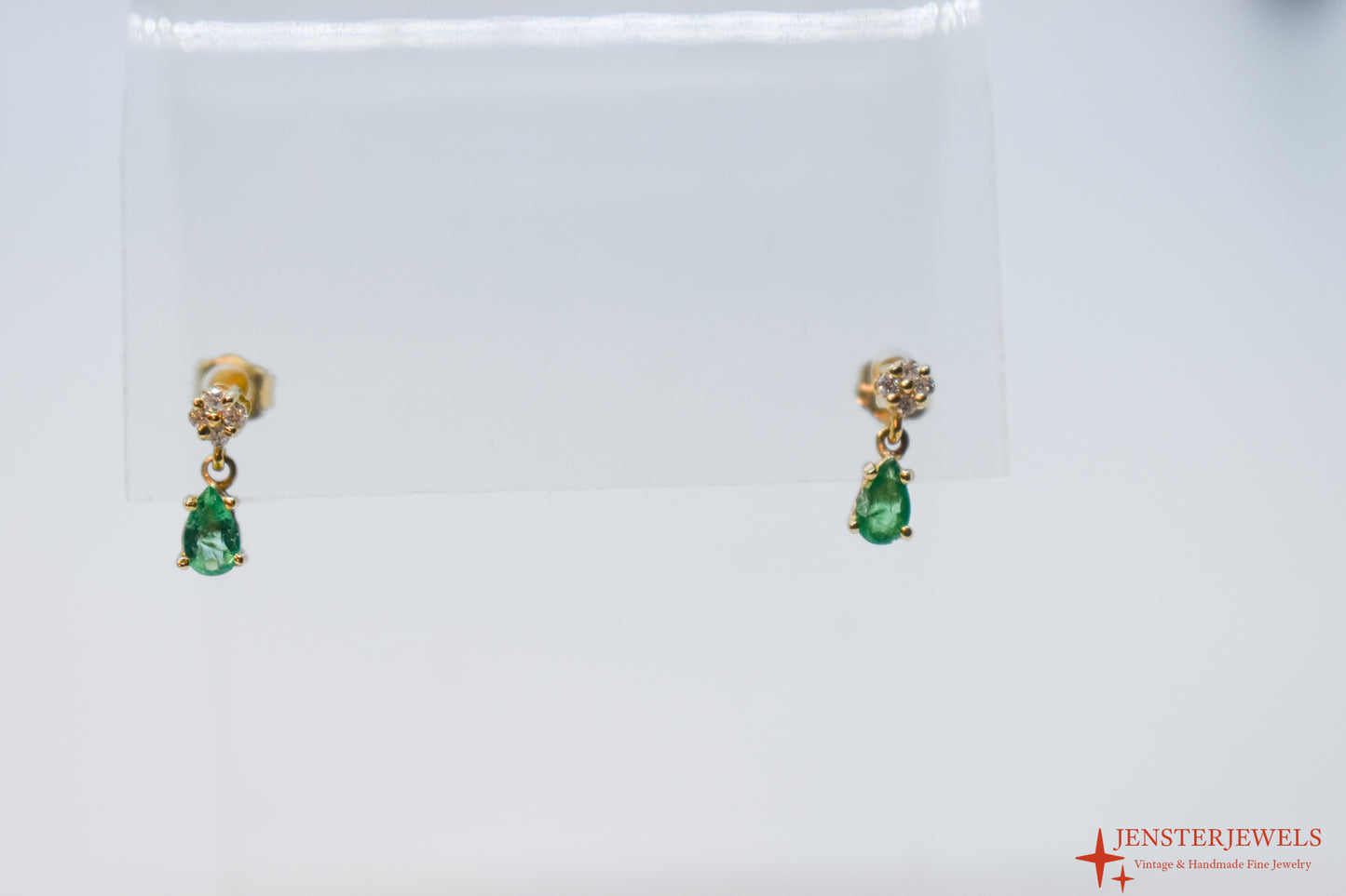 Vintage 14k Yellow Gold Emerald & Diamond Dangle Earrings