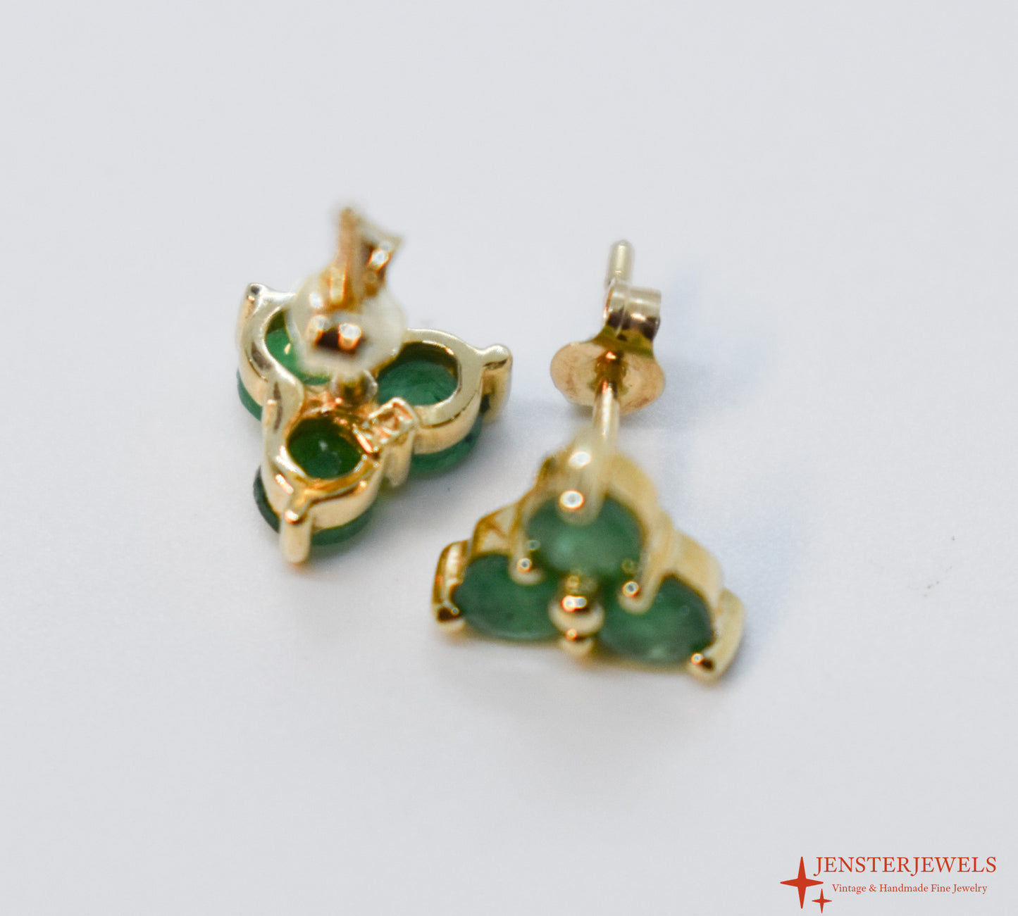 Vintage 14k Yellow Gold Three-Stone Emerald Post Earrings